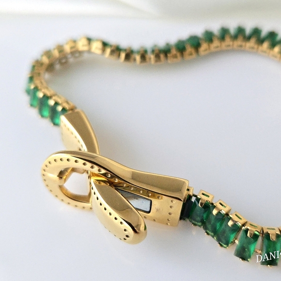 NEW 18K Gold Plated Green Baguette Diamond Tennis Bracelet - Picture 7 of 10